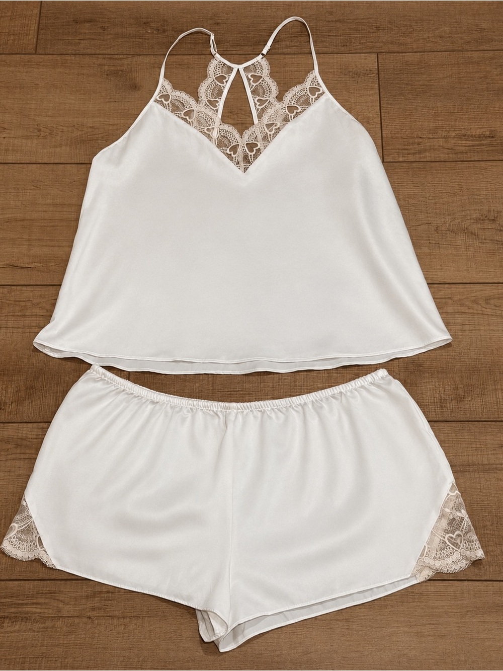 Flora Nikrooz Kit White Satin Heart Lace Pajama Set XL